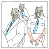 Three men in suits and ties wearing gas masks