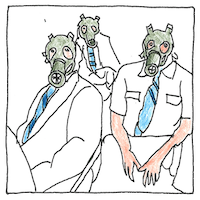 Three men in suits and ties wearing gas masks