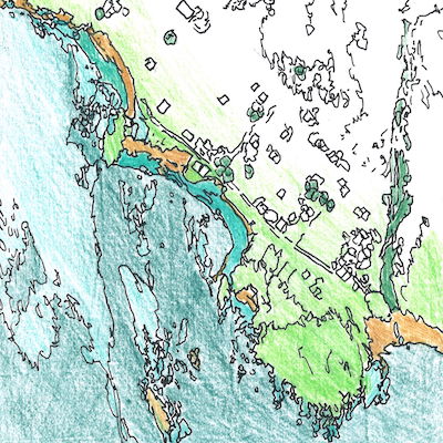 [pen and pencil drawing of a satellite view of Unga on Unga Island]