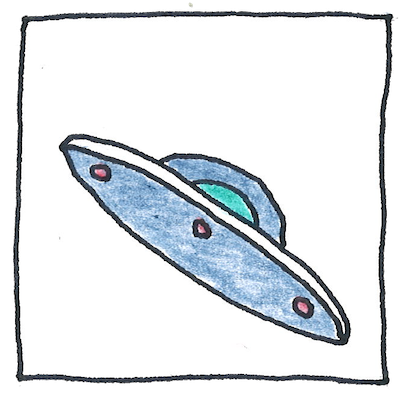 Pen and pencil drawing of a flying saucer