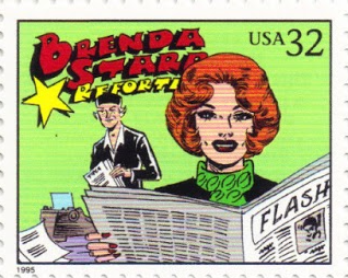 on this U.S. postage stamp, Brenda Starr, Reporter, with orange hair and a green scarf, is reading a newspaper, her fingernails painted red