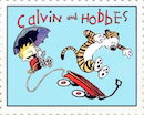 Calvin, a six-year-old boy, and Hobbes, his tiger, fly from a red wagon that has launched over water from the end of of a pier. Calvin joyfully holds an open umbrella and is tied to the wagon by a rope around his waist.