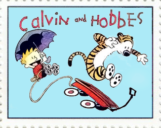 Calvin, a six-year-old boy, and Hobbes, his tiger, fly from a red wagon that has launched over water from the end of of a pier. Calvin joyfully holds an open umbrella and is tied to the wagon by a rope around his waist.