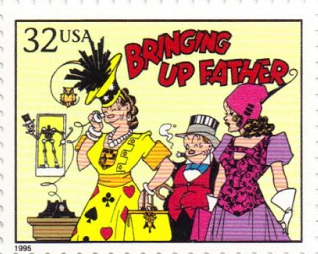 on this U.S. postage stamp, Jiggs, a short man in top hat, tails, and cigar sticking out the side of his mouth, takes the arms of two much taller women, his wife, Maggie, and their daughter, Nora
