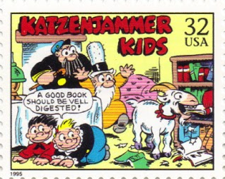 on this U.S. postage stamp, a white goat chews books from a shelf, the Captain and the Inspector run into the room, and the two boys, Hans and Fritz, kneel and say 'A good book should be well digested'