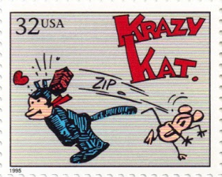 on this U.S. postage stamp, Ignatz the mouse throws a brick at Krazy Kat, a black cat with a pink face
