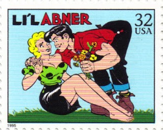 on this U.S. postage stamp, Li”l Abner with a small bouque of flowers leans over with his arm around Daisy Mae, in a green blouse and short black skirt sitting on the grass
