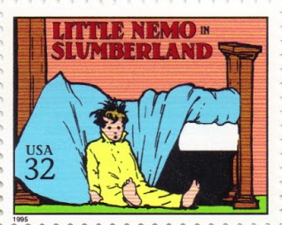 on this U.S. postage stamp, Little Nemo, a young boy in a yellow nightgown, is fallen out of bed and onto the floor with his hair dishevelled and his legs out