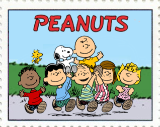 the Peanuts characters (Franklin, Lucy, Linus, Peppermint Patty, and Sally) raise Snoopie and Charlie Brown on their shoulders