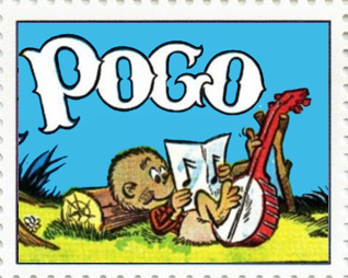 Pogo the possum lies on the grass with his head on a log, and plays a banjo with his toes as he reads a musical score