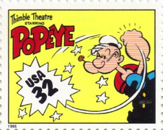 on this U.S. postage stamp, Popeye swings his fist and 'USA 32' is displayed in the impact