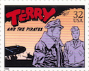 on this U.S. postage stamp, Terry in a jacket and hat of a military pilot with another soldier, the silhouette of a bomber in the background