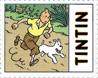 Tintin, a lad of 14 or 15 with blonde hair, runs on a dirt road with his white fox terrier, Snowy