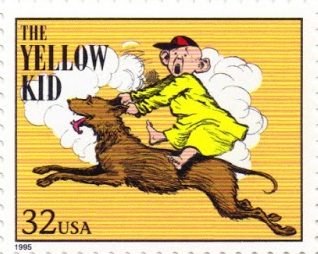 on this U.S. postage stamp, a young boy in a yellow nightgown rides a brown dog, holding onto the dog’s ears
