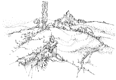 drawing of mountain with trees and tors
