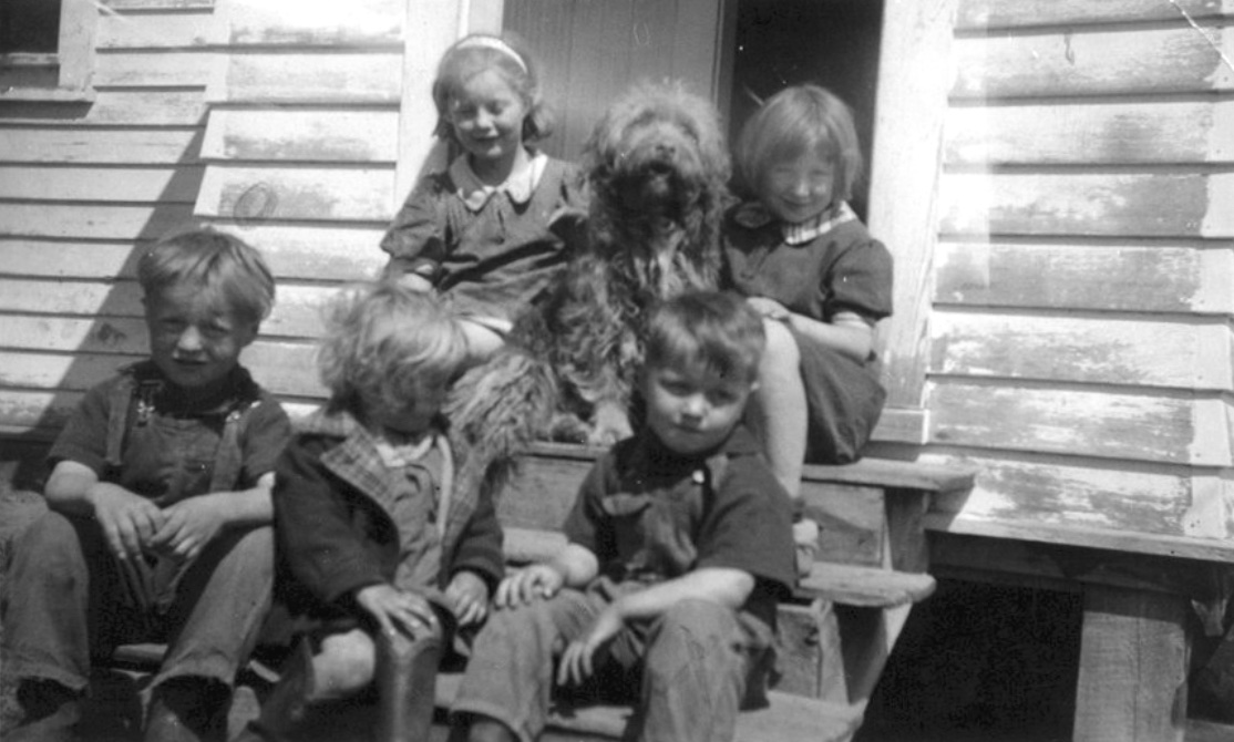 Five children sitting on wooden steps with a shaggy dog