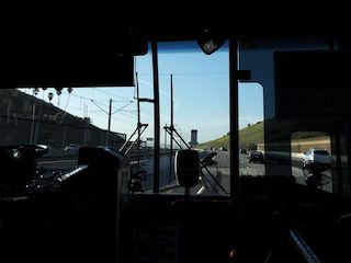 View out the front of the bus
