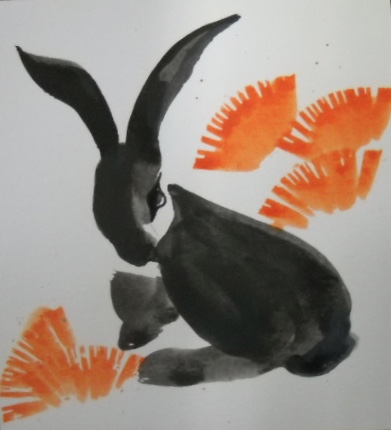 watercolor by the author of a bunny and orange bunches of grass