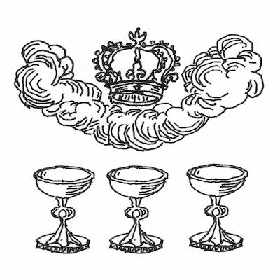 Drawing of a crown in a cloud above three chalices