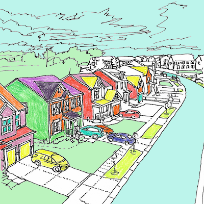 Drawing based on an overhead drone photo of a Maryland suburb