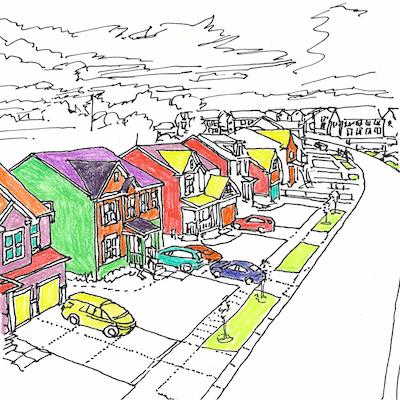 Drawing of a street in a suburb of Maryland