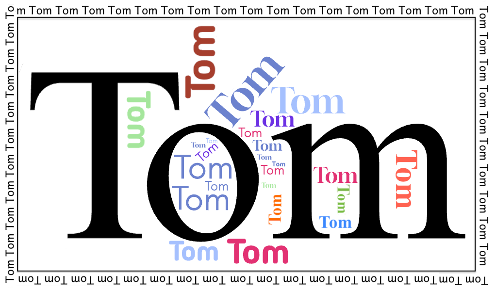 Word cloud with Tom repeated in different sizes and colors