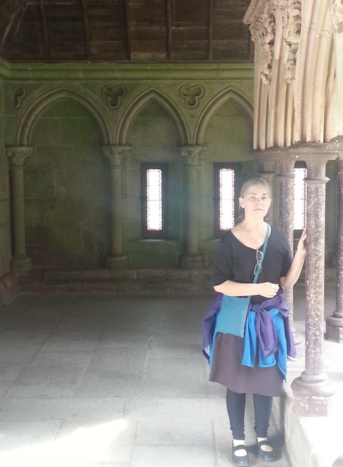 Liz in the cloister in the Merveille at Mont Saint-Michel