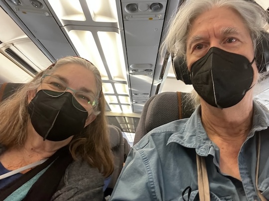 Liz and Tom on the Lufthansa flight to Frankfurt